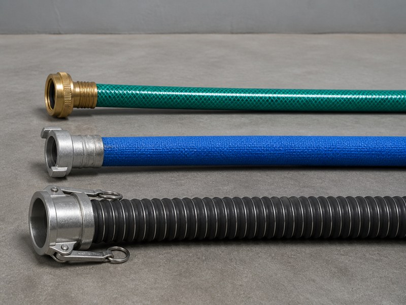 Three water hoses side by side on a workshop floor, a green rubber garden hose with brass garden hose thread couplings, a blue textile-reinforced delivery hose, and a black helical wire suction hose with a camlock fitting