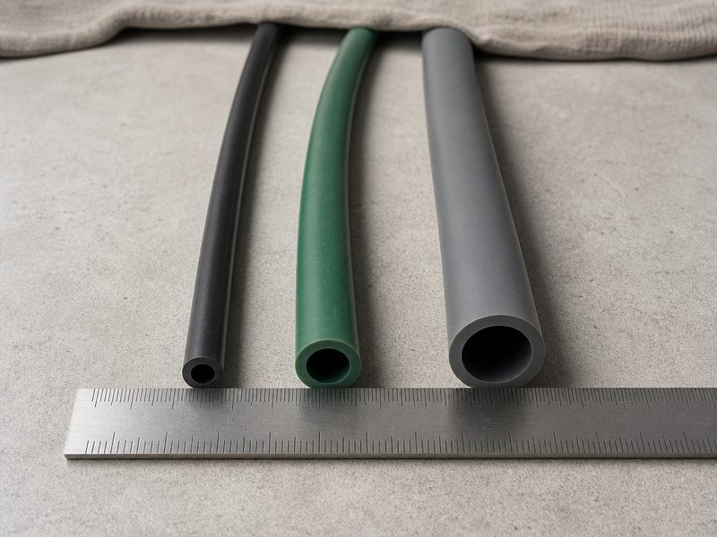 Three garden hoses of 1/2 inch, 5/8 inch and 3/4 inch bore laid side by side on a workbench with their cut ends facing the camera and a steel rule across the bores
