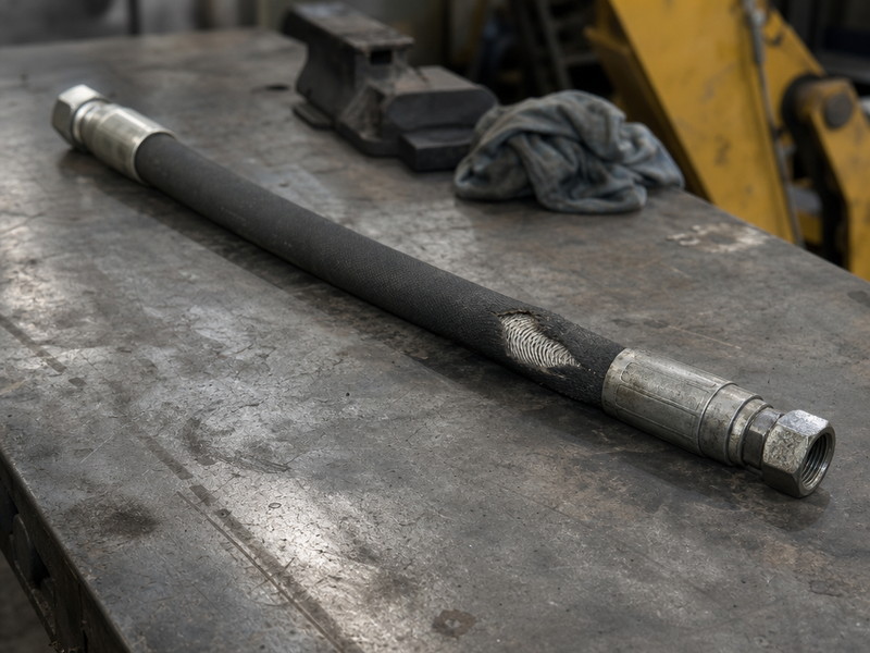 Failed hydraulic hose removed from an excavator with cover worn through and exposed steel wire braid at an abrasion point