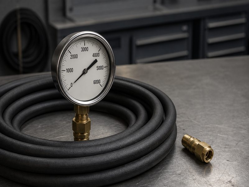 hydraulic hose coil and pressure gauge on a steel workshop bench