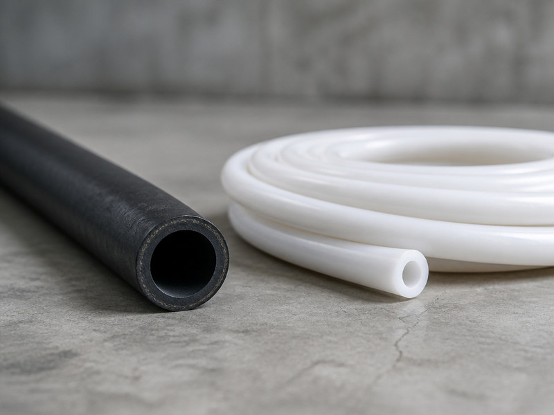 A PTFE-lined chemical hose coiled beside a rubber-lined acid hose on an industrial workshop floor