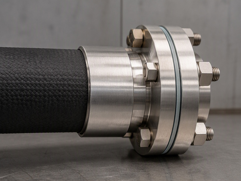Close-up of acid hose end showing coupling, gasket and cover at a flange joint
