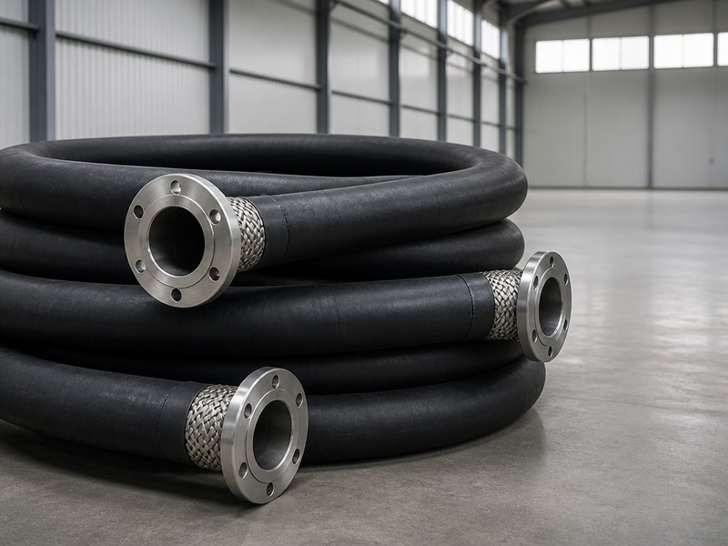 Stacked coils of acid resistant chemical hose in a plant