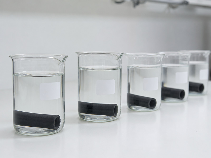 Laboratory immersion test of hose tube samples in labeled acid beakers