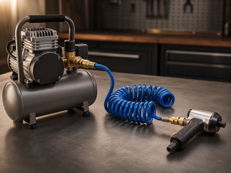 Air fittings connecting a small compressor, a coiled air hose and an air tool on a workshop bench