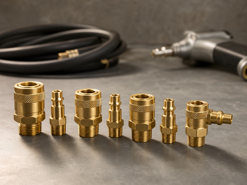 Brass air hose couplers and plugs laid out on a workshop bench with a quick-connect coupler pair