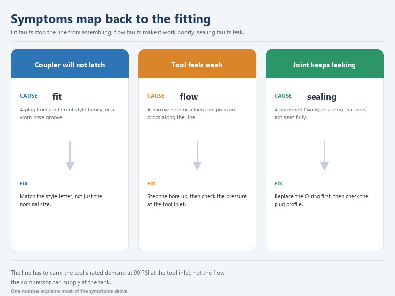 Troubleshooting chart linking weak air tools, leaking joints and latch failures to fitting sizing faults