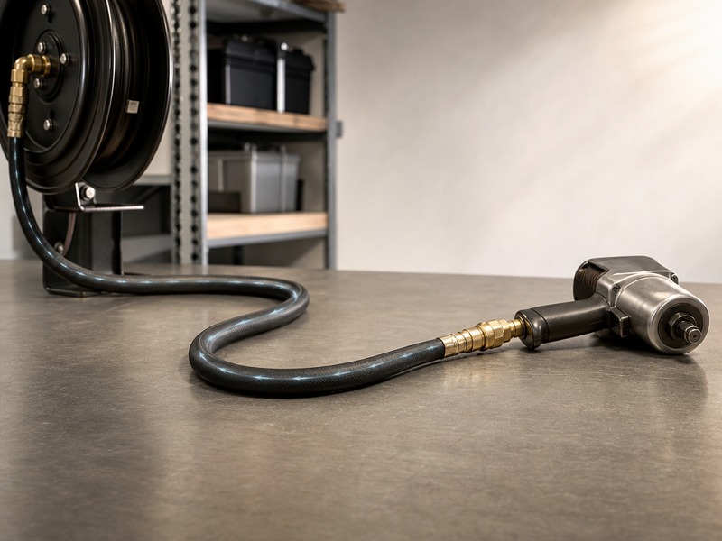 Compressed air flowing through a 3/8 inch air hose to a pneumatic tool, showing airflow direction