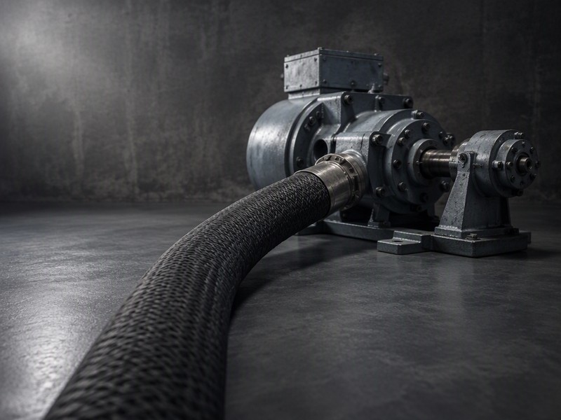A large bore textile braided air hose feeding an air motor in a workshop