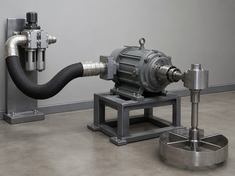 Air motor driving a mixer with a large bore air hose and filtration unit connected at the inlet