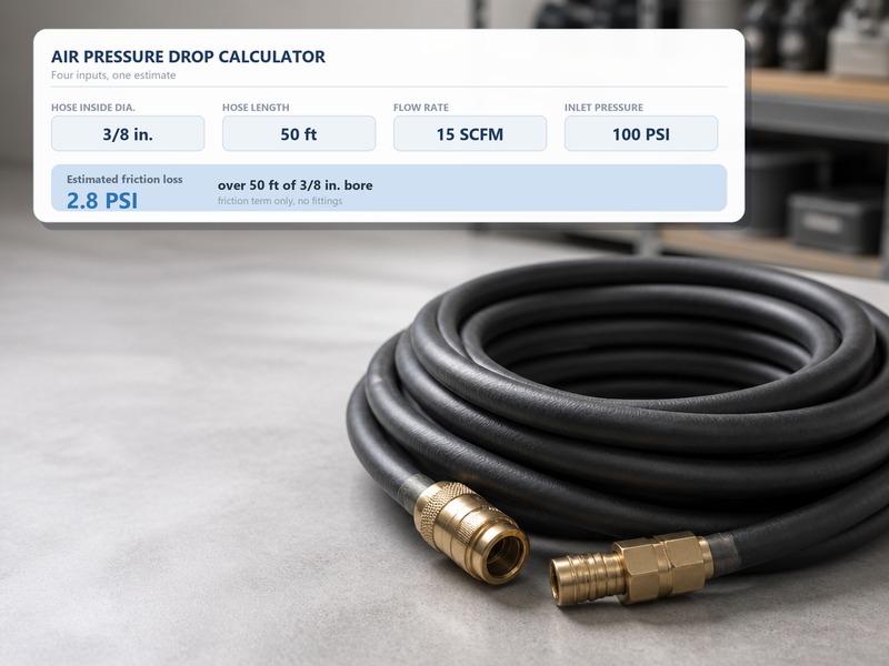 Air pressure drop calculator interface showing hose diameter, length and flow inputs