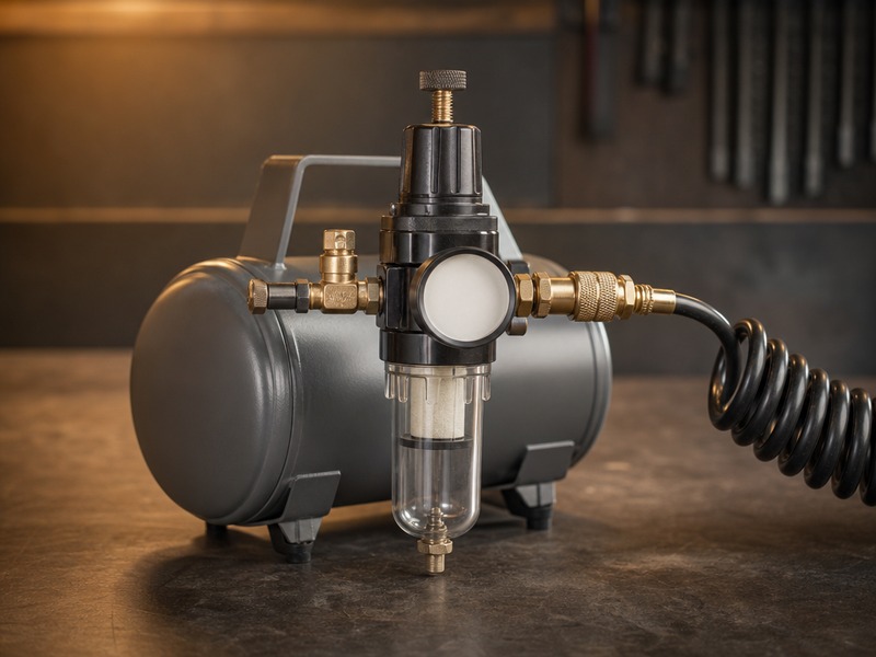 Shop technician checking the outlet gauge on an air pressure regulator mounted on a compressor receiver with a coiled air hose