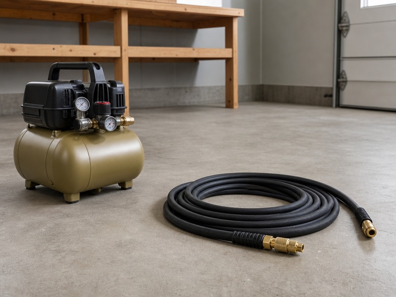 Air compressor hose coiled next to a portable air compressor in a home garage