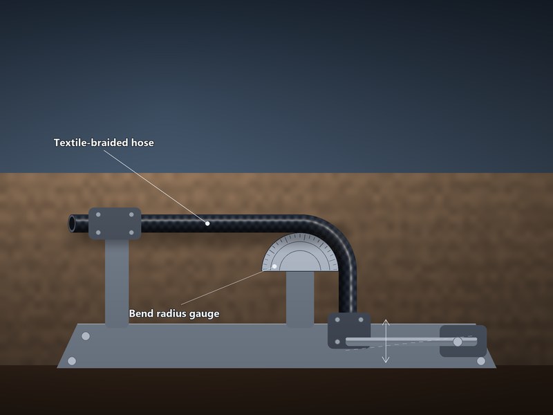 Braided air hose under repeated flex testing on a workshop test bench with a bend radius gauge; the braid spreads the bending load across its filaments, so fatigue failures arrive at the fitting rather than mid-hose