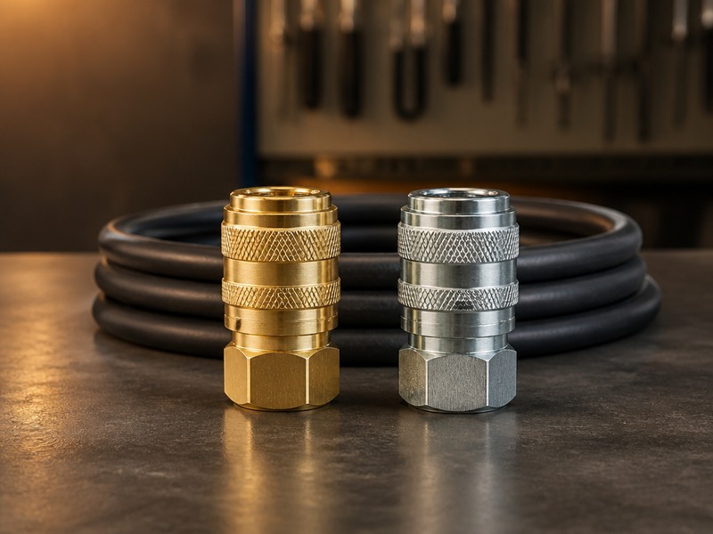 Brass and zinc plated steel pneumatic couplers side by side with an air hose on a workshop bench