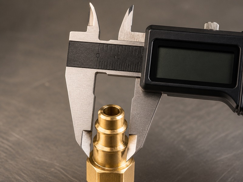 Digital caliper measuring the nose outside diameter of a quick connect air hose coupler plug on a bench