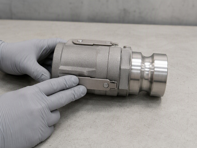 Hands folding a camlock cam lever down and outward until it lies flat against the coupler body