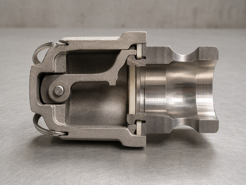 Cutaway of a camlock coupler showing the adapter groove, the internal cam lever, and the gasket that seals the joint