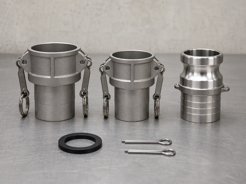 Two camlock couplers and one adapter laid in a row on a workshop bench, with a spare gasket and two safety pins beside them.