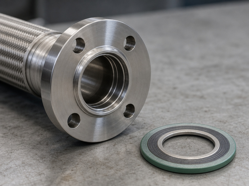 Stainless fitting, flange and gasket on a caustic hose assembly