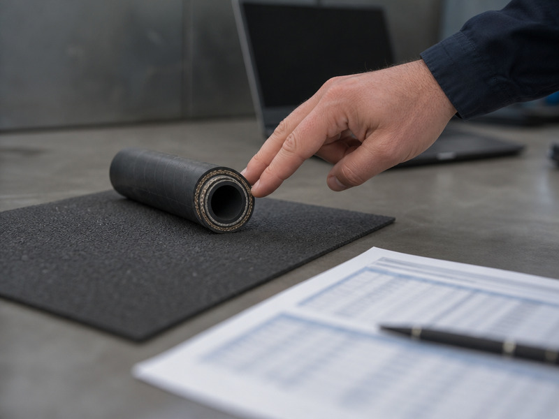Engineer matching a hose tube compound to a chemical medium at a plant workstation