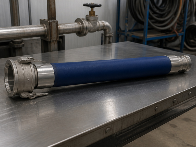 Crimped chemical hose assembly with camlock hose couplings fitted on both ends