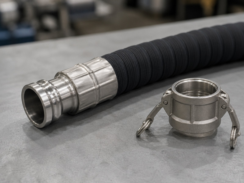A crimped chemical hose assembly with stainless steel end fittings and a cam and groove coupling beside it