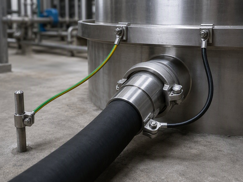 Bonding and grounding leads clamped from a chemical hose assembly to a receiving vessel on a plant unloading point