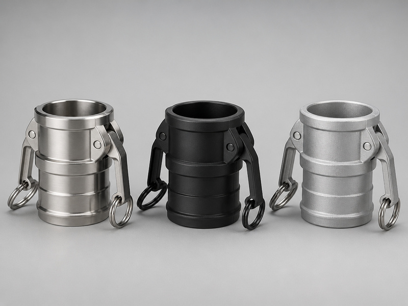 Three chemical hose couplings of the same size placed side by side: a machined stainless steel body, a black polypropylene body and a bright aluminum body.