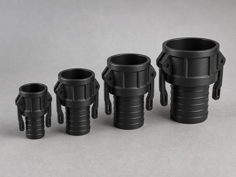 Set of polypropylene chemical hose couplings in several bore sizes resting on a work surface