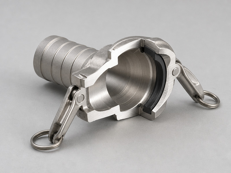 Cutaway of a stainless steel 316 chemical hose coupling showing the machined body, cam arms and gasket seat