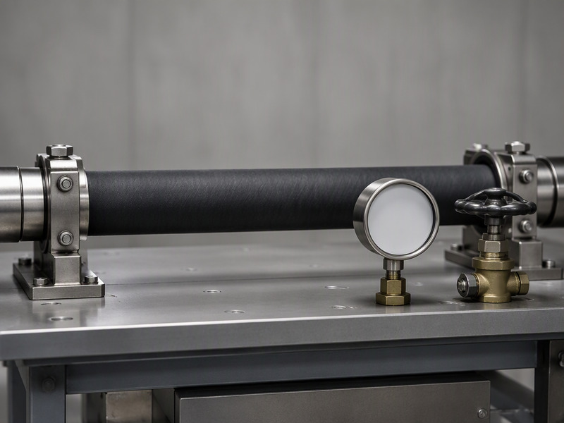 Chemical hose assembly on a test bench with a pressure gauge and valve