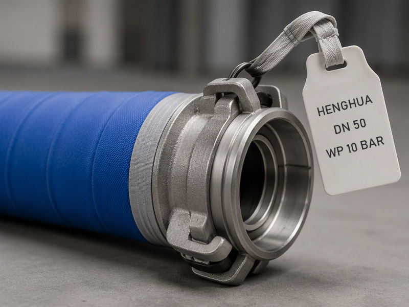 Close view of a chemical hose identification tag showing pressure and size markings