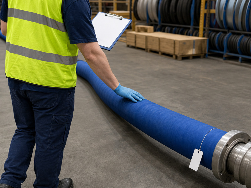 Inspector working through a chemical hose inspection checklist along a tagged hose assembly