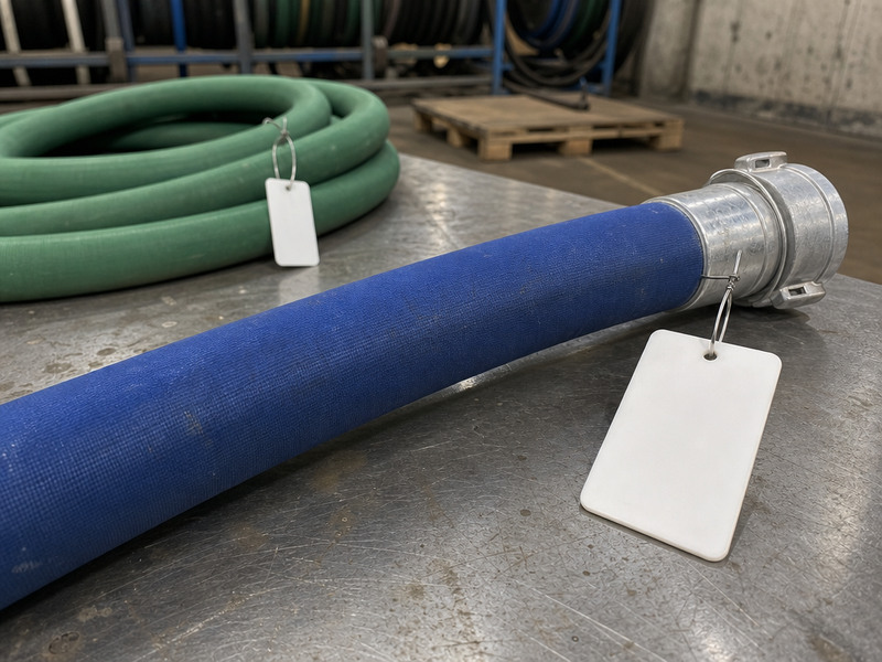 Chemical hose inspection program bench with tagged hose assemblies staged for a static pressure test