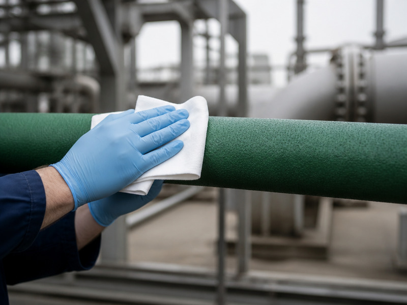 Engineer carrying out hose leak detection with a dry cloth wipe along a chemical transfer hose cover
