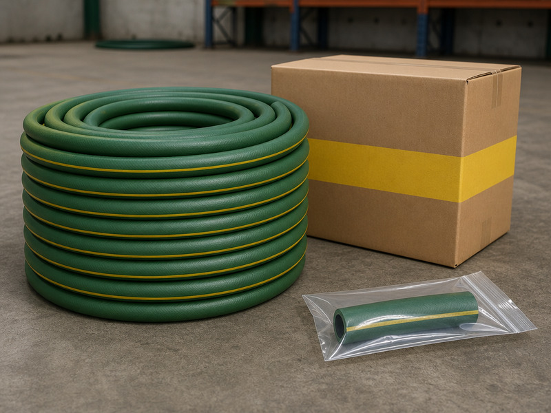 A coiled chemical hose with a printed layline, beside a filled carton and a sealed sample bag, on a workshop floor.