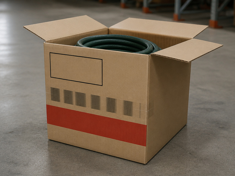 carton with a brand label, a barcode and a pressure marking for a private label hose
