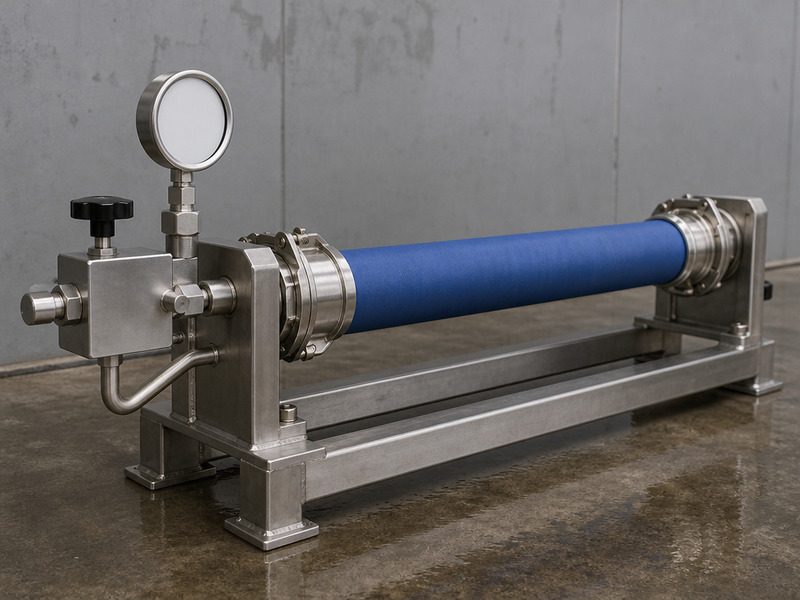 Chemical hose held on a pressure test bench at 1.5 times MAWP during a static pressure test
