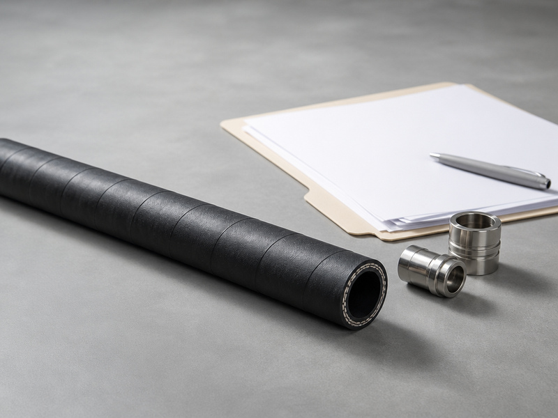 A chemical hose cross-section beside a measuring gauge and a stack of unreadable quotation sheets on a desk.