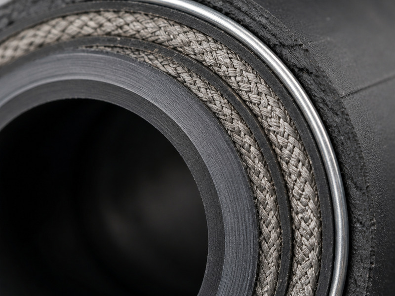 Cross-section of a chemical hose showing liner gauge and textile reinforcement plies, with a steel helix for suction duty