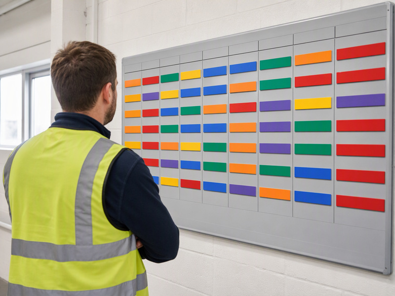 Maintenance planner reviewing a chemical hose re-test schedule on a plant board