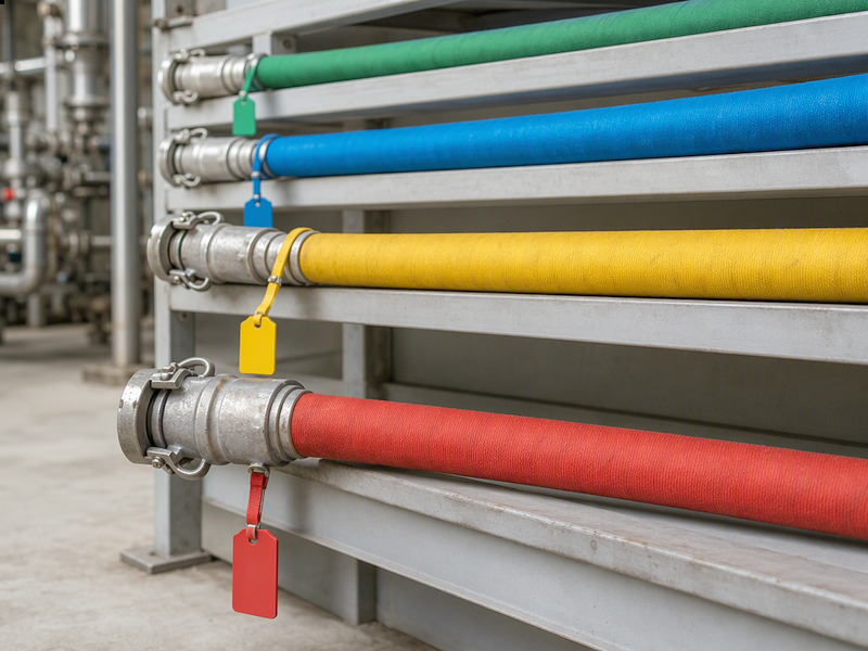 Rows of tagged chemical hose assemblies on a storage rack in a process plant, with cover color that differs by construction