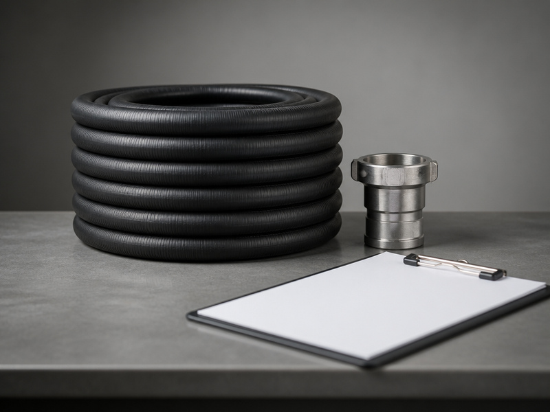 Four objects on a desk and nothing else — one coiled chemical hose, one upright coupling, one clipboard, and one blank sheet clipped to it.