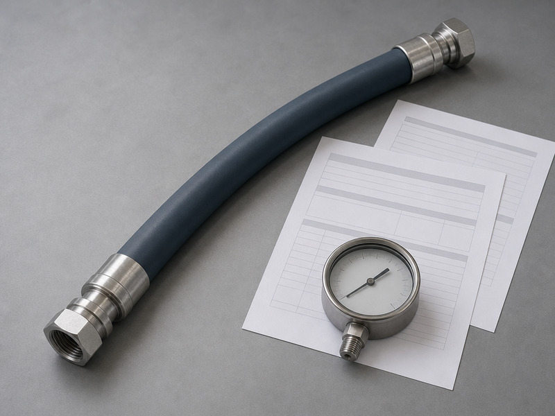 Chemical hose test certificates laid out with a pressure gauge