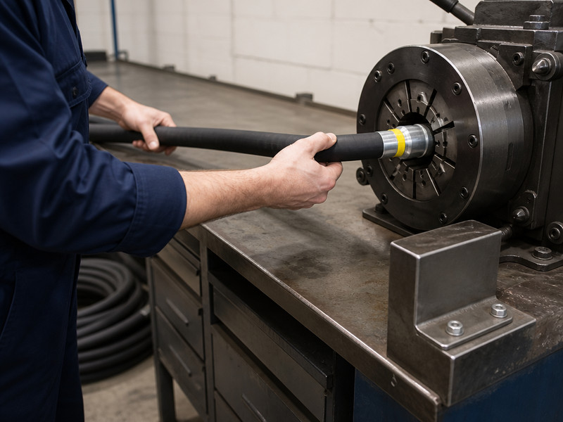 Technician cutting chemical hose to length and crimping an end fitting on a bench
