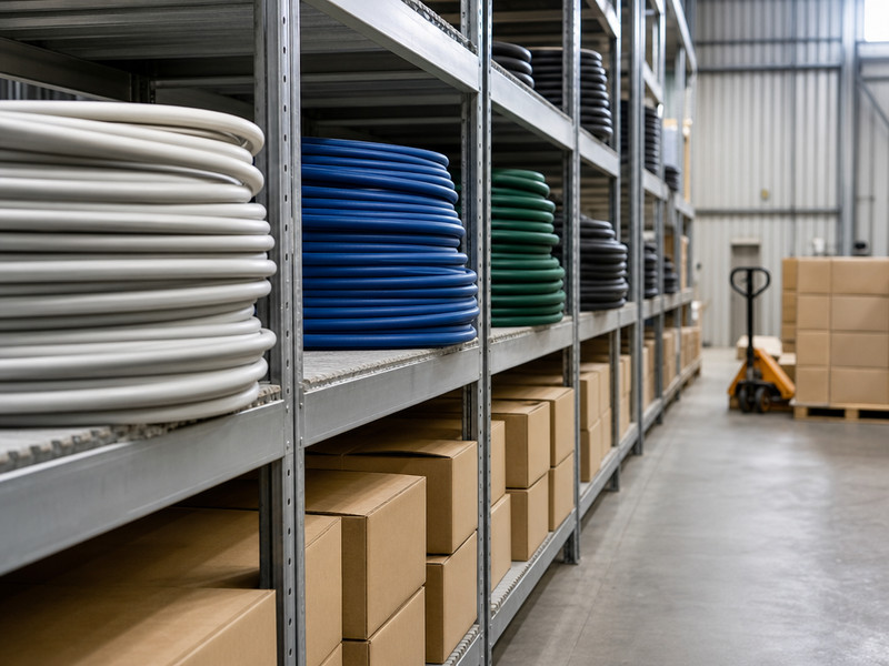 Warehouse racking holding coiled chemical hose sorted by bore size, with cut-length hose boxes on the level below.