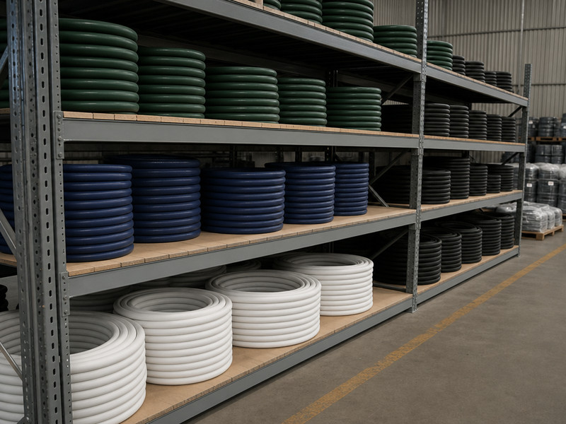 Distributor warehouse racking holding coiled chemical hose sorted by bore and liner