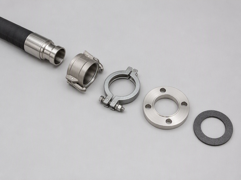 Five supply-side parts only - a chemical hose end with its coupling, clamp unit, flange and gasket - laid flat in the order they assemble, with no plant-side nozzle.