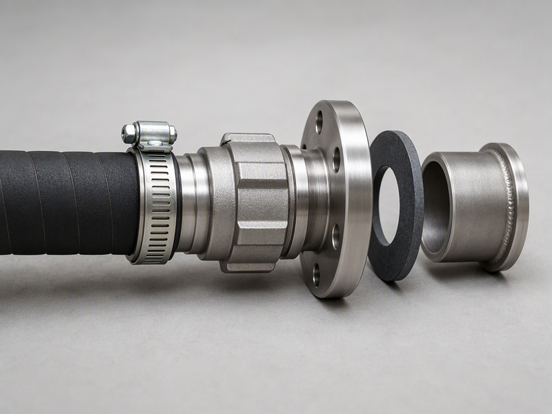 Interface chain of a chemical hose system from the hose end through the coupling, clamp unit, flange and gasket to the tank nozzle